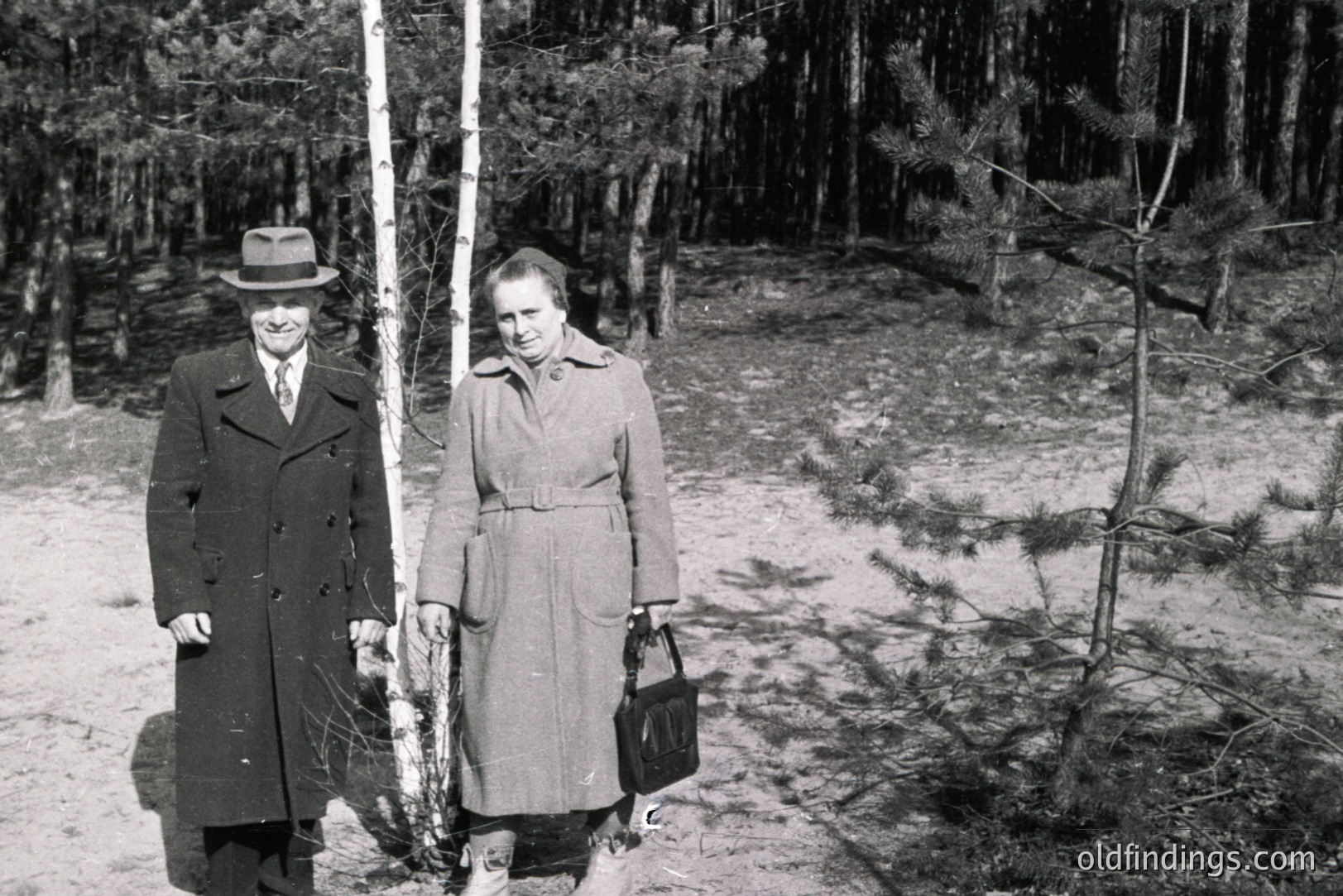 A formally dressed couple stands beside a birch tree within a dense pine forest. The man wears a dark overcoat and hat; the woman, a belted coat & carries a handbag. Likely 1950s-1970s. A glimpse into mid-century leisure or travel. Stock potential for vintage fashion & landscapes.