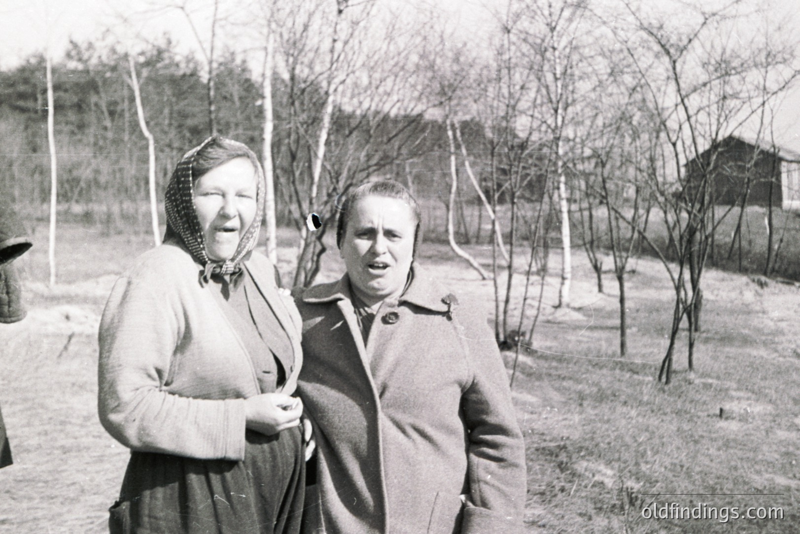Two women stand outdoors; one wears a dark dress and headscarf, the other a dark coat. A sparse treeline and simple structures suggest a rural setting. Likely post-war era, possibly Eastern Europe given clothing styles. Appears candid, depicting everyday life. Possibly useful for historical or anthropological study.