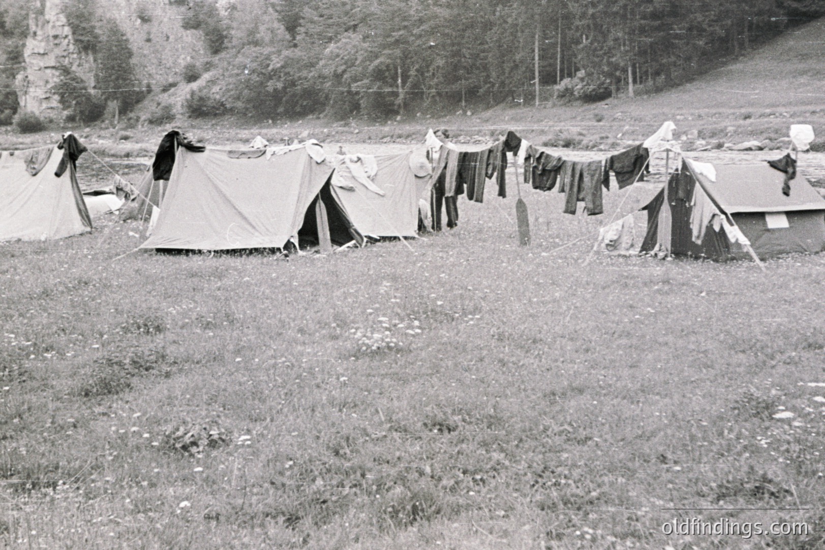 A sprawling campsite is nestled within a valley, showcasing several tents and a clothesline laden with drying garments. Lush, dense trees form a backdrop to this scene, suggesting a remote, natural setting. Likely a mid-20th century outdoor recreation scene. Photographic quality indicates possible stock imagery.