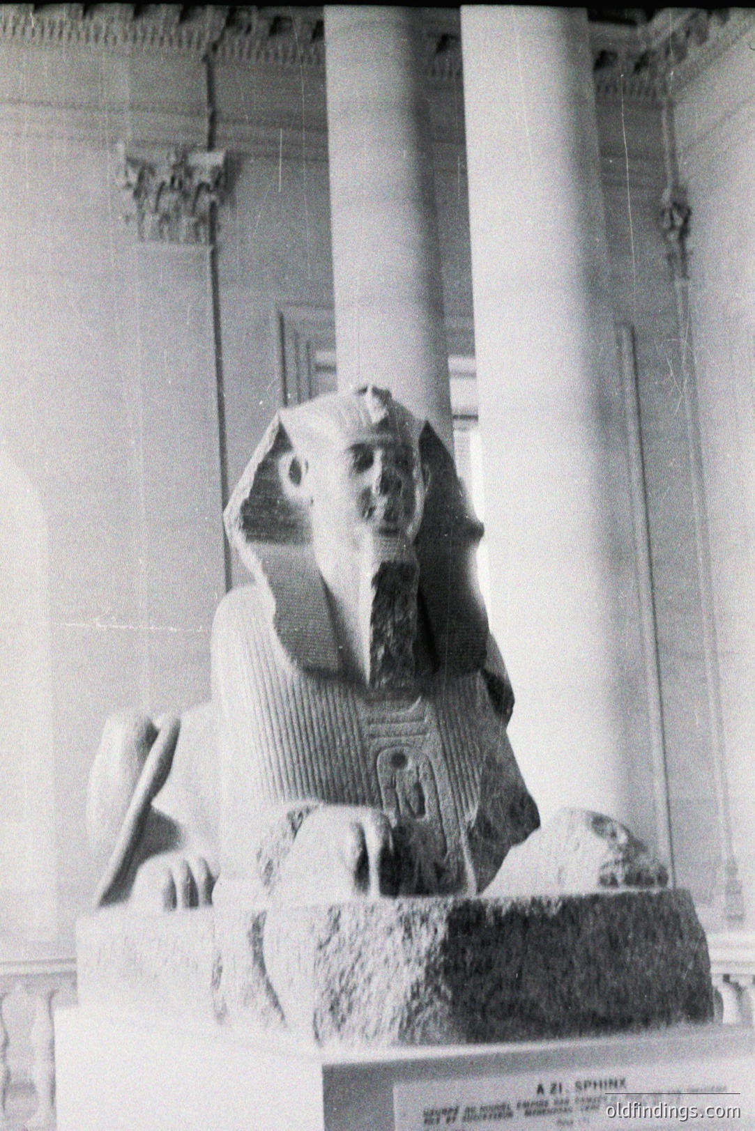 Monochrome photo of an ancient Egyptian sphinx statue displayed indoors. The sphinx features a pharaoh's headdress and a lion's body atop a stone pedestal. A large column supports an ornate ceiling. Likely an early museum exhibit.
