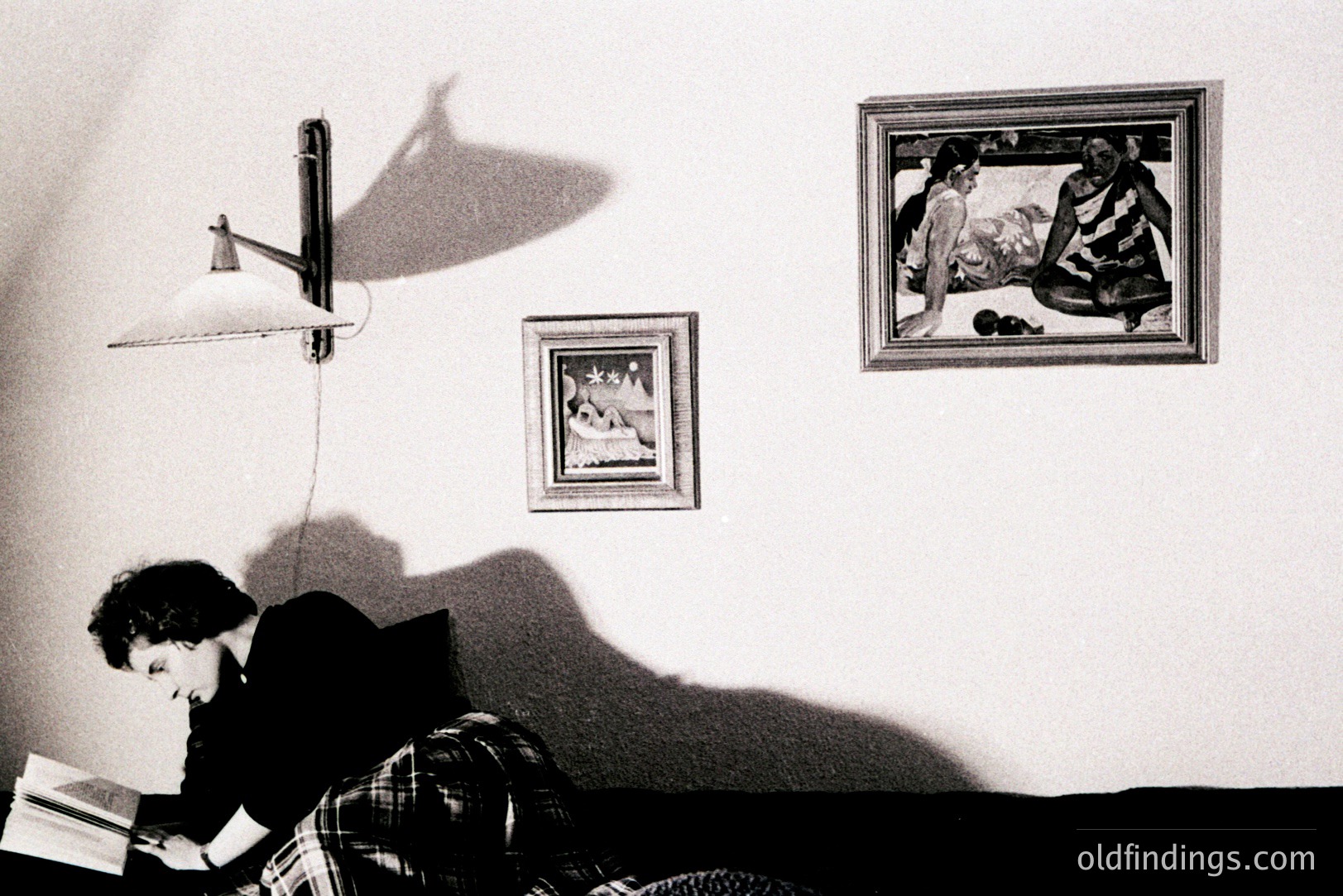 A woman sits reading a book, partially obscured in shadow, within a room featuring framed artwork. The wall lamp casts a distinct shadow, contributing to a dramatic, high-contrast composition. Likely 1970s interior, evoking a mid-century modern aesthetic.