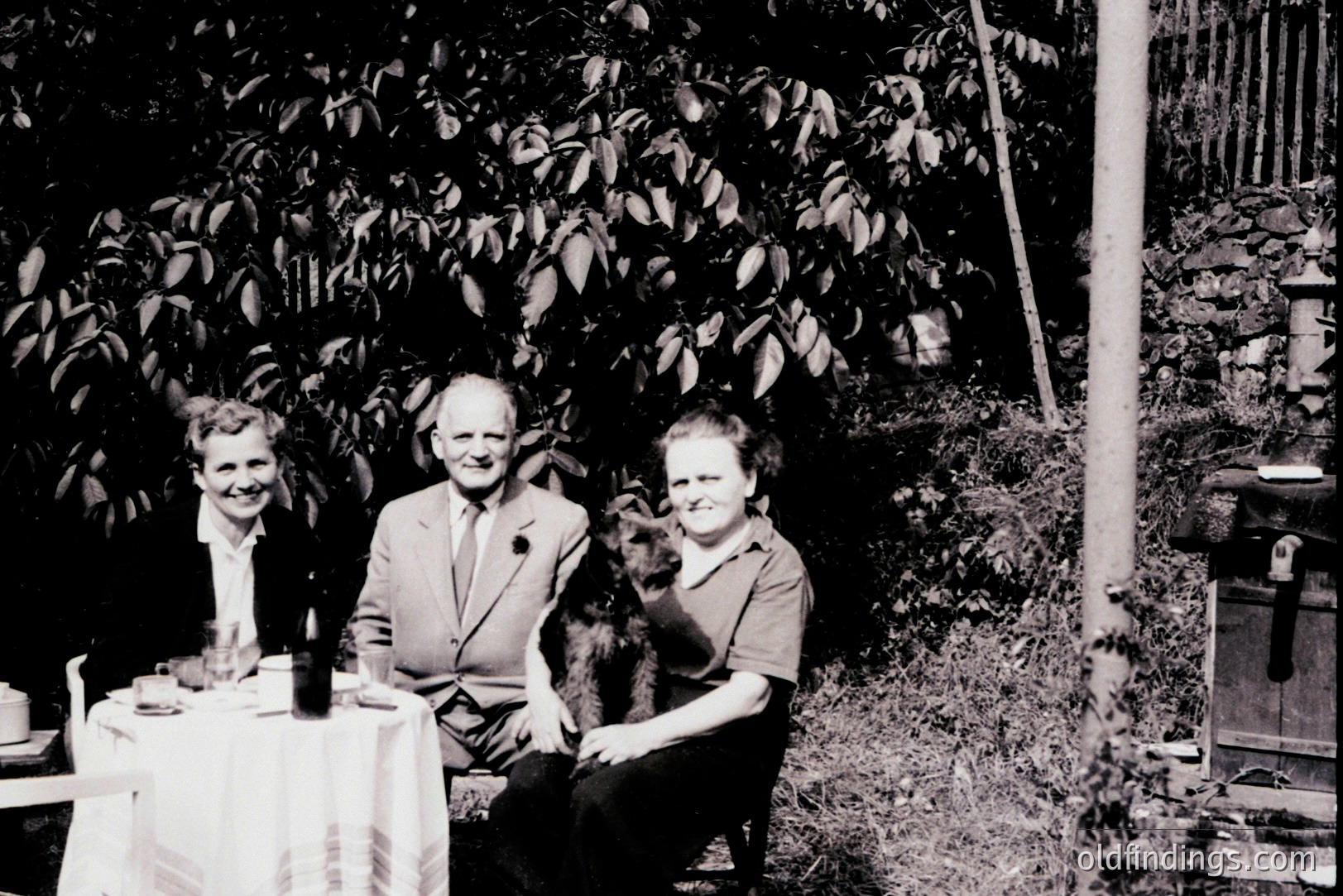 A formally dressed family—two women and a man—sit at a covered table outdoors, a small dog between them. Lush foliage fills the backdrop, alongside a stone wall and a Japanese-style lantern. Likely a garden setting, possibly a holiday or celebratory gathering. Appears to be from the 1950s or 60s.
