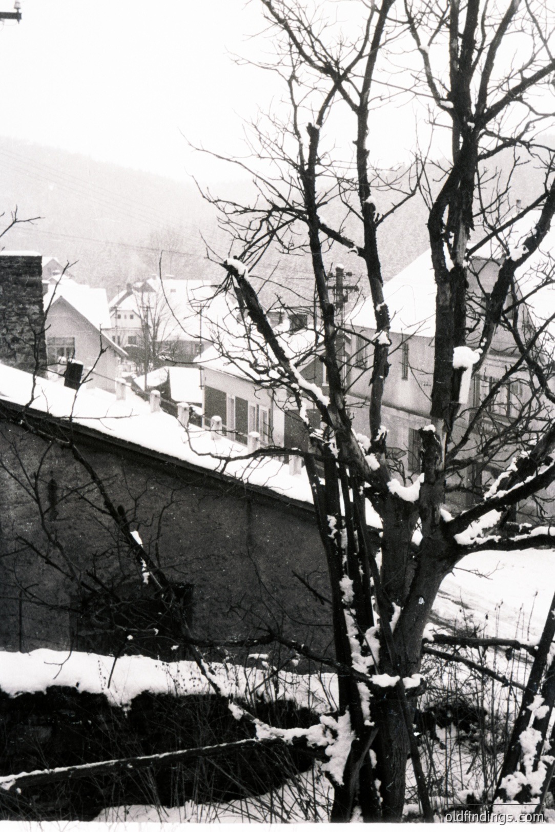 Snow-covered village nestled against a forested hillside, likely Eastern Europe. Buildings feature steeply-pitched roofs and simple architecture. A bare tree dominates the foreground. Appears to be a candid, snapshot-style image. Likely 1960s or 70s, judging by film grain & style.
