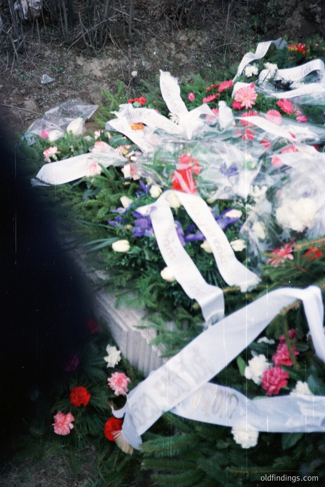 A close-up view of a floral arrangement set against a dark, wooded backdrop. The arrangement includes pink, white, and purple flowers, adorned with numerous white ribbons and clear plastic sheeting. The photographic style suggests a vintage aesthetic, possibly from the 1980s or 1990s. A possible memorial or event setting.