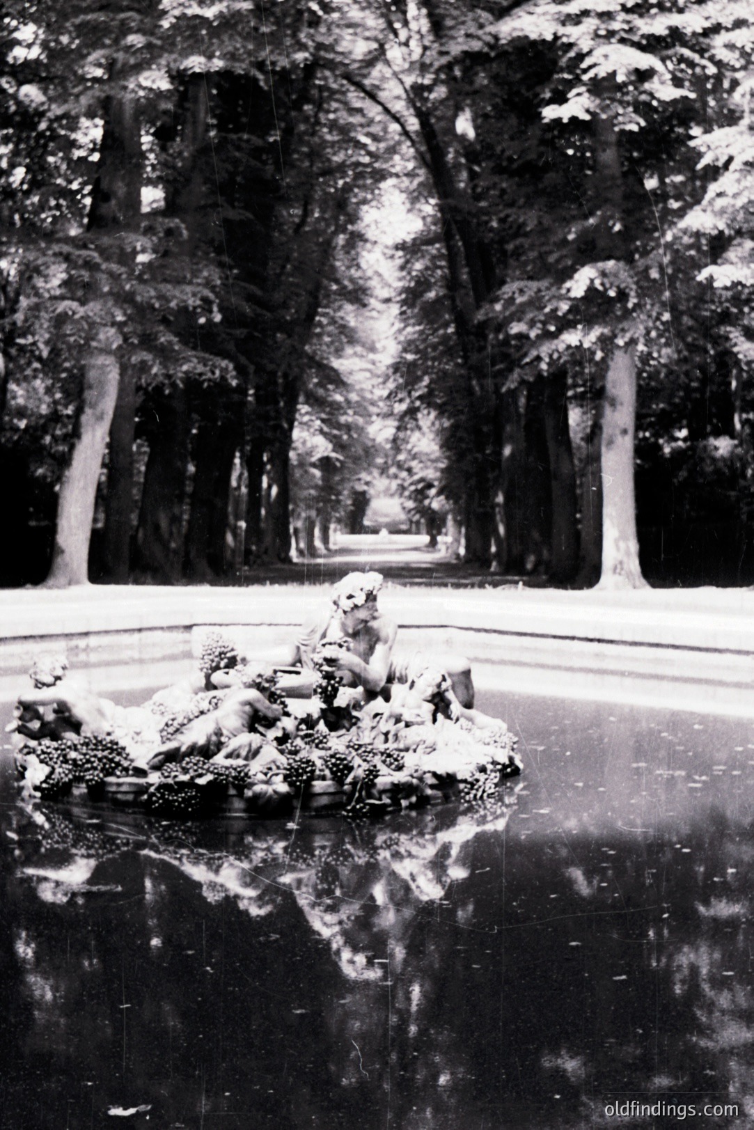 Ornate stone fountain with sculpted figures sits in a reflecting pool. A long, formal allee of mature trees frames a distant view. Likely a formal garden, possibly European. Appears to be a vintage photograph, potentially 1960s-1970s. Fine art, landscape design reference.