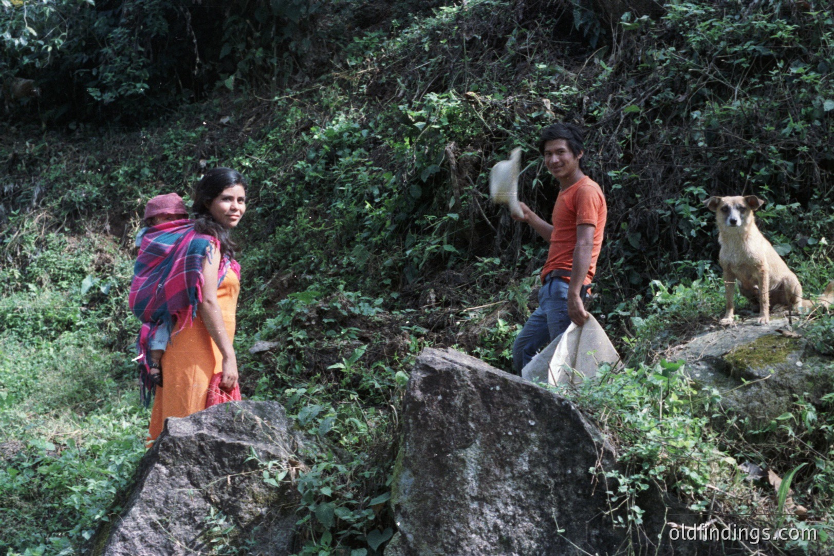 A woman carrying a child on her back stands on a rocky ledge overlooking lush vegetation. A man in an orange shirt and jeans stands nearby, holding a bag. A dog sits attentively on the rocks. Likely rural setting. Appears candid, possibly documentary style.