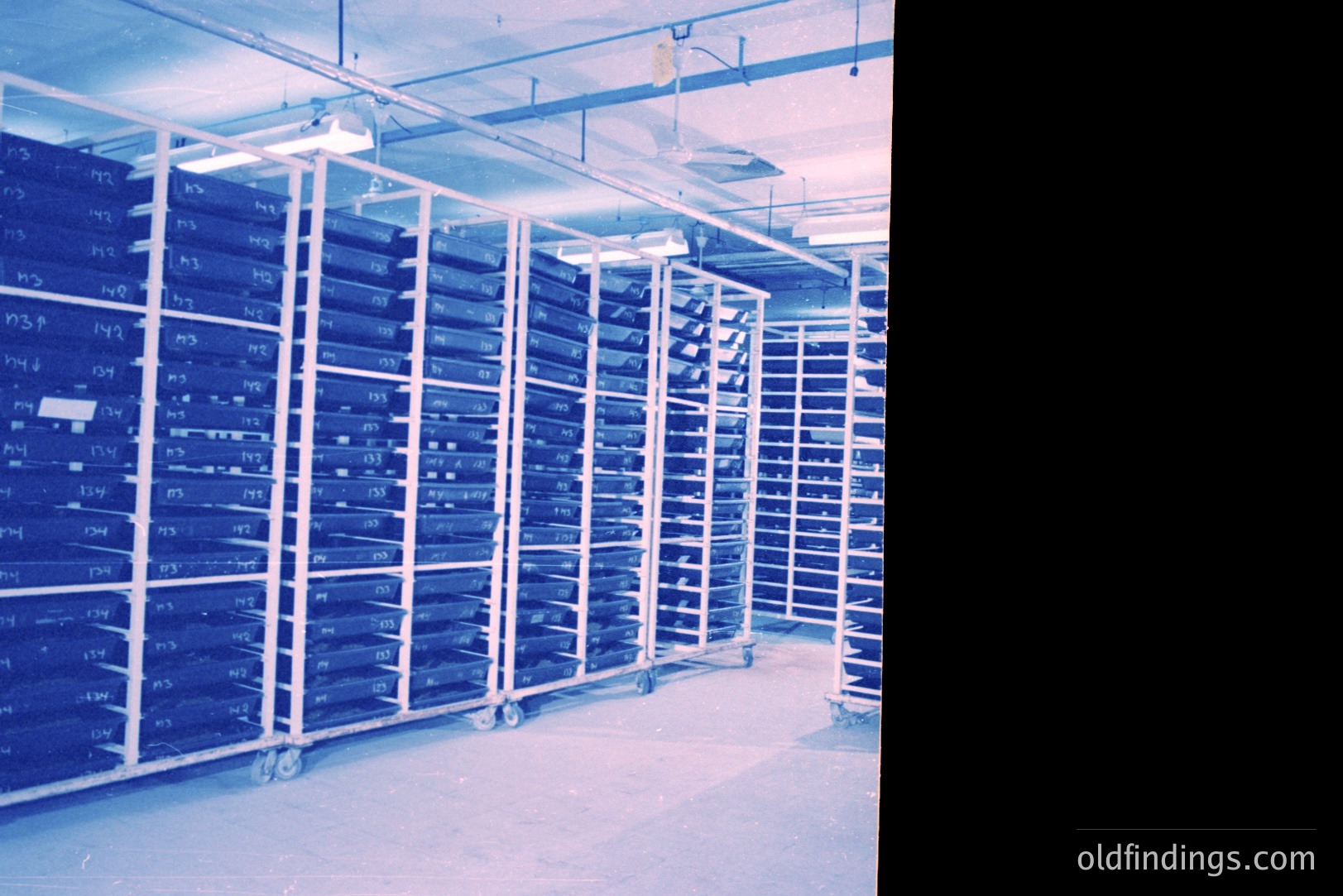 Stacked metal racks fill a large, industrial space. Likely a food processing facility or similar commercial setting. The blue-toned image suggests a cool, controlled environment. Marked shelving indicates inventory tracking. Appears to be from the 1970s or 80s.