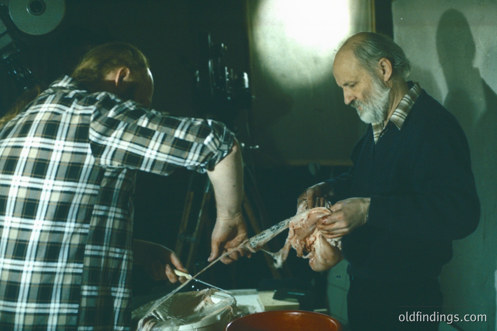 Two figures in a butcher's shop, one slicing a large cut of meat. The older man, with a white beard, is holding the meat steady, while a younger person in a plaid shirt wields the knife. Vintage equipment and a film reel visible in the background. Likely 1970s, showcasing traditional food preparation.