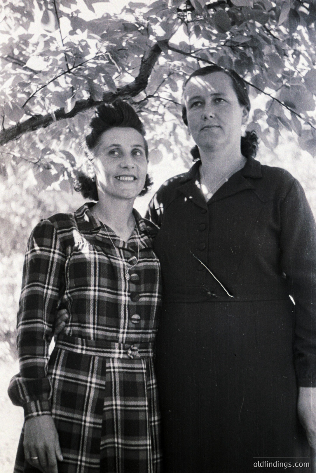 Two women stand closely together, posed beneath a leafy tree. Both wear dark, modest dresses with button detailing and have their hair styled in vintage waves. Likely a family portrait, capturing a moment of everyday life, possibly 1950s. Excellent detail & tonal range.