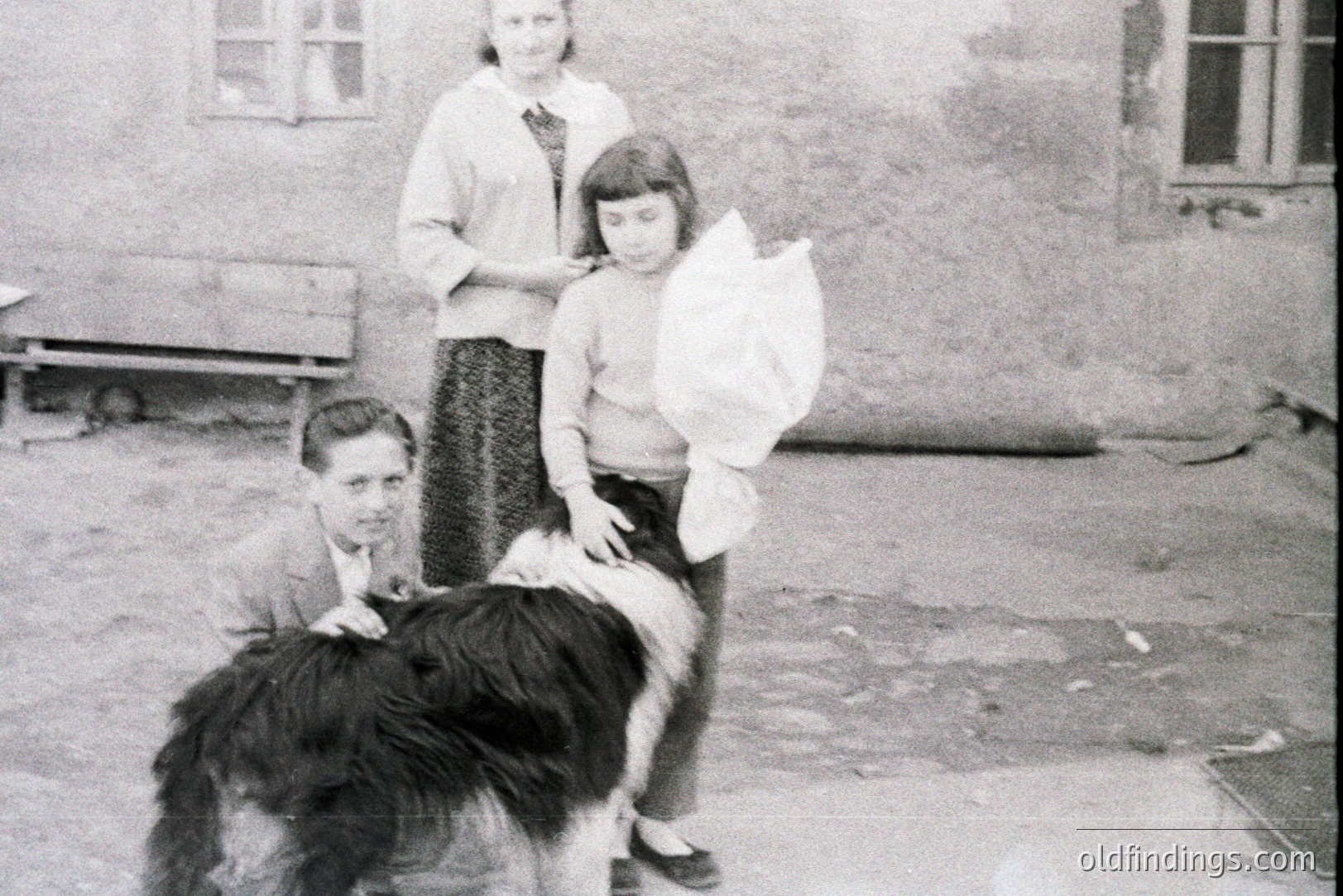 A young boy pets a long-haired dog in a courtyard setting. Two girls stand nearby, one holding a bag. Textured stucco walls and a wooden bench suggest a rural or older residential location. Likely 1950s-1960s era family portrait. Evokes nostalgia and a simple, domestic life. Potential for vintage design and historical research.