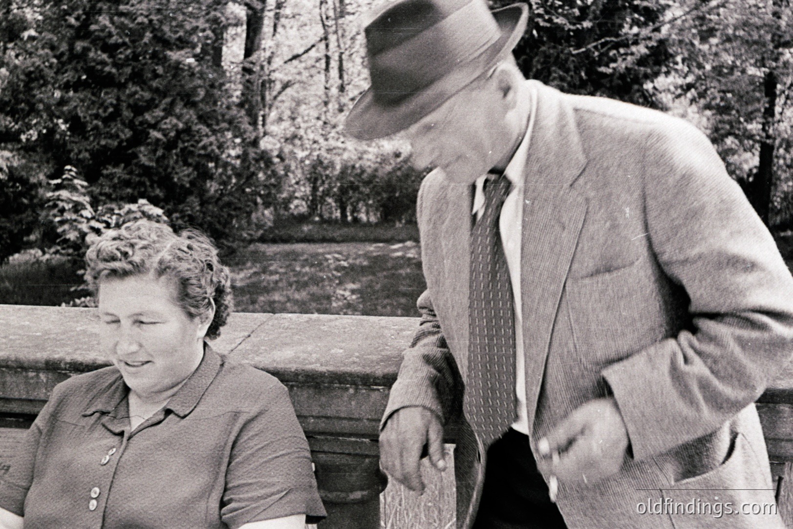 A seated woman in a collared dress and a man in a suit and fedora are captured in a candid moment. The blurred background suggests an outdoor park setting with lush greenery. Likely 1950s-1960s, this image showcases mid-century fashion. Possibly a family portrait or candid street photography.