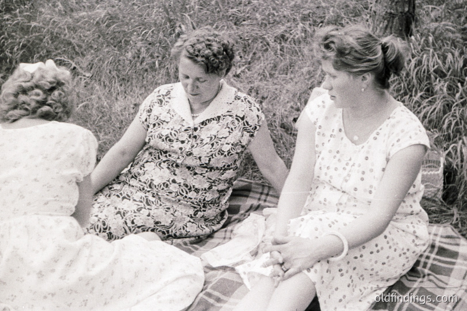 Three women sit on a checked blanket in a grassy field. They are wearing printed summer dresses typical of the 1960s. The scene has a candid, informal feel, likely a casual gathering or picnic. Excellent subject for design/vintage stock.