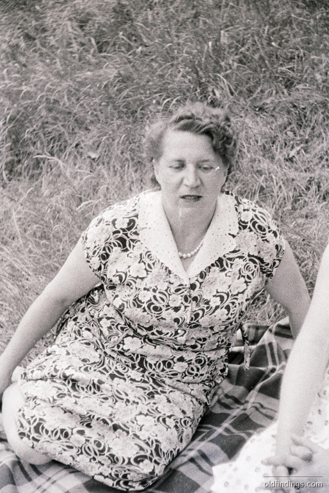 A seated woman in a printed dress and pearl necklace appears to be being fed by an unseen individual. A checkered blanket and tall grasses create a natural setting. Likely a mid-century snapshot depicting domestic life or a picnic. The photograph's quality suggests a personal, rather than professional, origin.