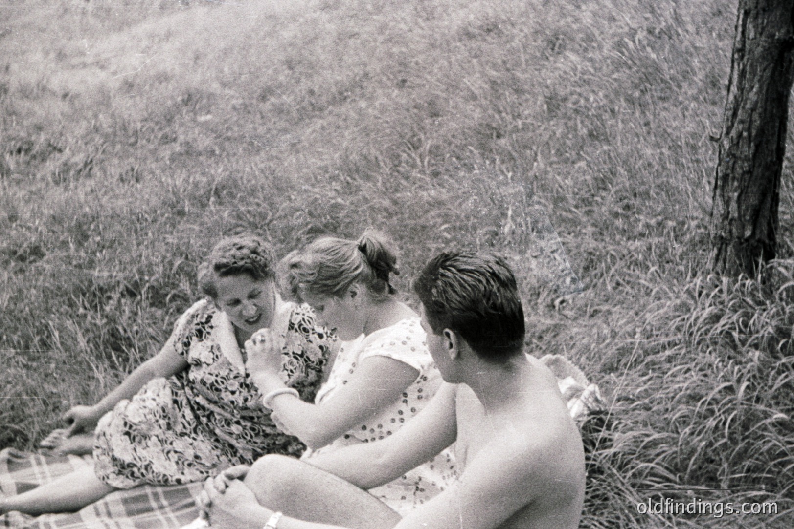 Three people are seated on a checkered blanket amidst tall grass. Two women, dressed in 1960s-style summer dresses, appear to be engaged in a playful interaction. A shirtless young man sits cross-legged facing the camera. Natural light and shallow depth suggest a candid, outdoor moment. Likely Bulgaria, or similar Eastern European location.