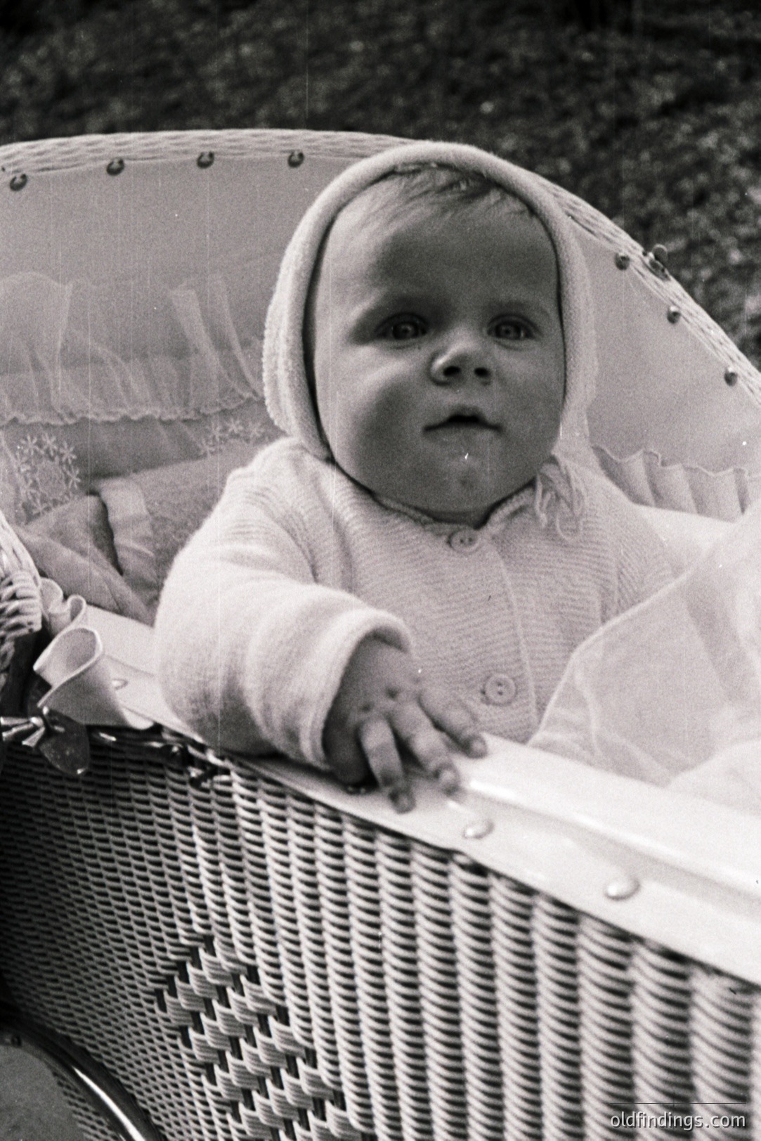 Infant in a woven wicker basket, wearing a button-down sweater and bonnet. Possibly a studio or staged portrait showcasing childhood fashion of the mid-20th century. Gentle, natural light. Likely 1950s-1960s. Good archival reference for vintage babywear.