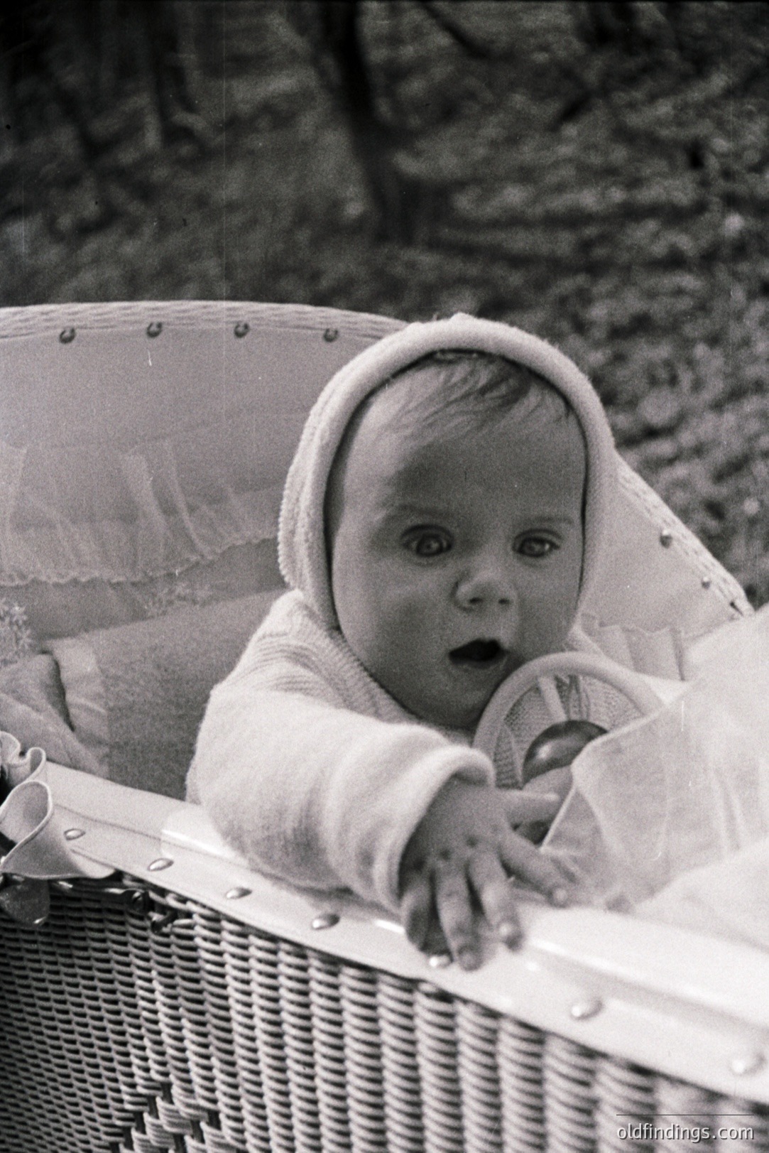 Charming portrait of an infant, possibly a girl, peering over a woven basket rim. She wears a bonnet and appears startled, hand extended. Likely a candid moment, mid-1960s or 1970s aesthetic. Demonstrates vintage family photography appeal. Ideal for nostalgic design.
