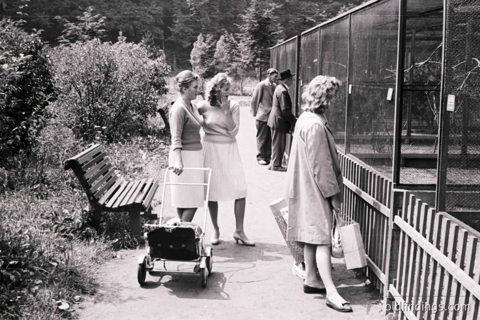 Three women and a man observe animals behind a fenced enclosure, likely a zoo or wildlife park. The women wear 1960s-era dresses and heels. A stroller sits beside a bench. A park pathway leads toward trees. Candid moment capturing leisure time.