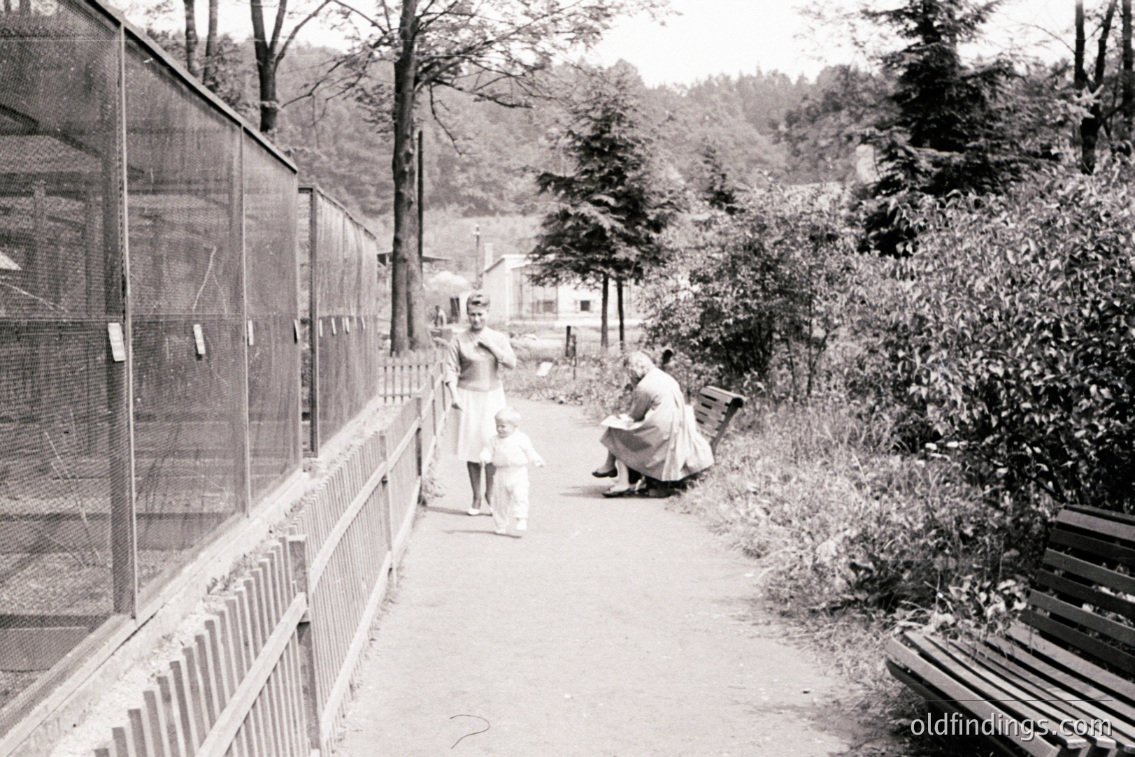 A woman and young child walk alongside a wooden fence & path. A seated woman with a period dress watches them. Trees and a distant building line the scene. Likely a zoo or wildlife park setting, c. 1920s-1940s. Possible candid family moment.