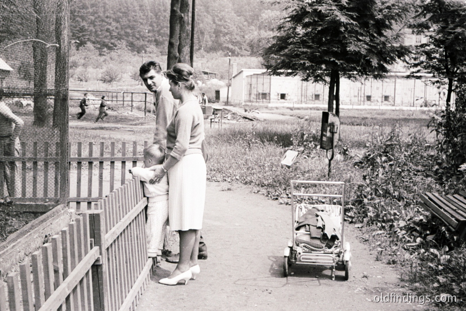 A man and woman, dressed in 1960s attire, observe a scene beyond a wooden fence, likely a zoo or park. The woman holds a young child's hand. A child's wagon sits nearby. The setting appears to be outdoors, with foliage and buildings in the background.
