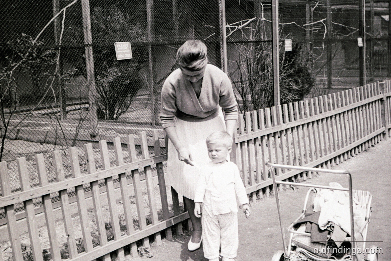 A mother and young boy stand near a picket fence; she appears to be adjusting his clothing. The scene, likely a zoo or park, features a vintage stroller. The composition and dress suggest a mid-20th century, possibly 1950s, American setting. A timeless portrait of childhood and family.