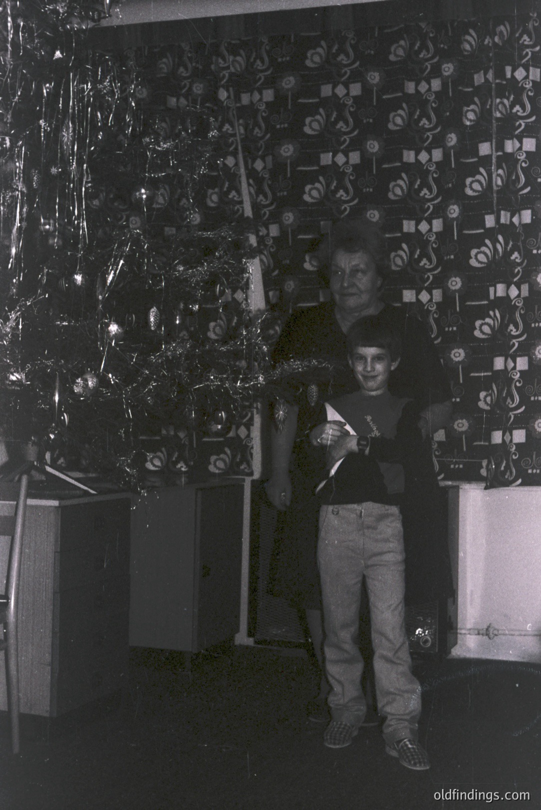 A young boy stands beside an older man, both seemingly caught in a candid moment before a backdrop of shiny fringe and patterned wallpaper. The room features large, vintage speakers. Likely a snapshot from the 1970s. A candid family portrait with nostalgic appeal.