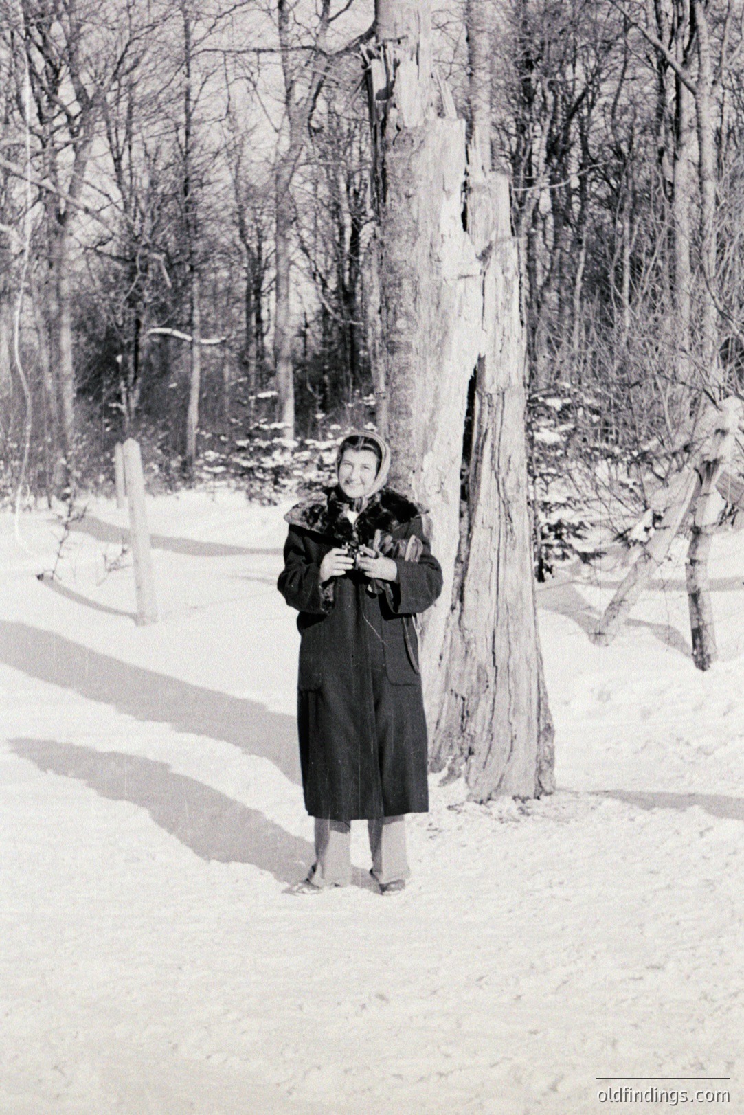 A woman stands in a snow-covered forest, bundled in a long coat and headwear. She appears to be holding a small bird or animal. Stark, leafless trees and a textured tree trunk form the backdrop. Likely a mid-century outdoor portrait. A simple, elegant scene.