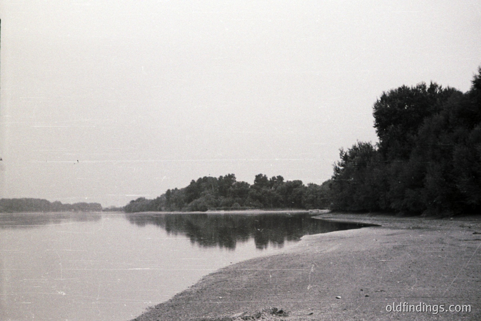 Sandy shoreline meets a calm, expansive body of water reflecting dense foliage on the opposite bank. The monochrome image captures a serene, natural landscape; likely a river or lake. Atmospheric haze obscures distant details. Appears to be an older photograph, possibly mid-20th century. Suitable for nature stock or archival uses.
