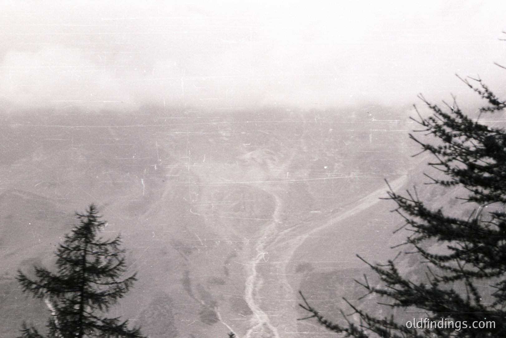 Black and white aerial view showcasing a river valley winding through a densely forested landscape. Coniferous trees frame the lower and right edges. Atmospheric haze obscures distant details. Likely a scouting or surveying image. Could be useful for landscape design or historical context.