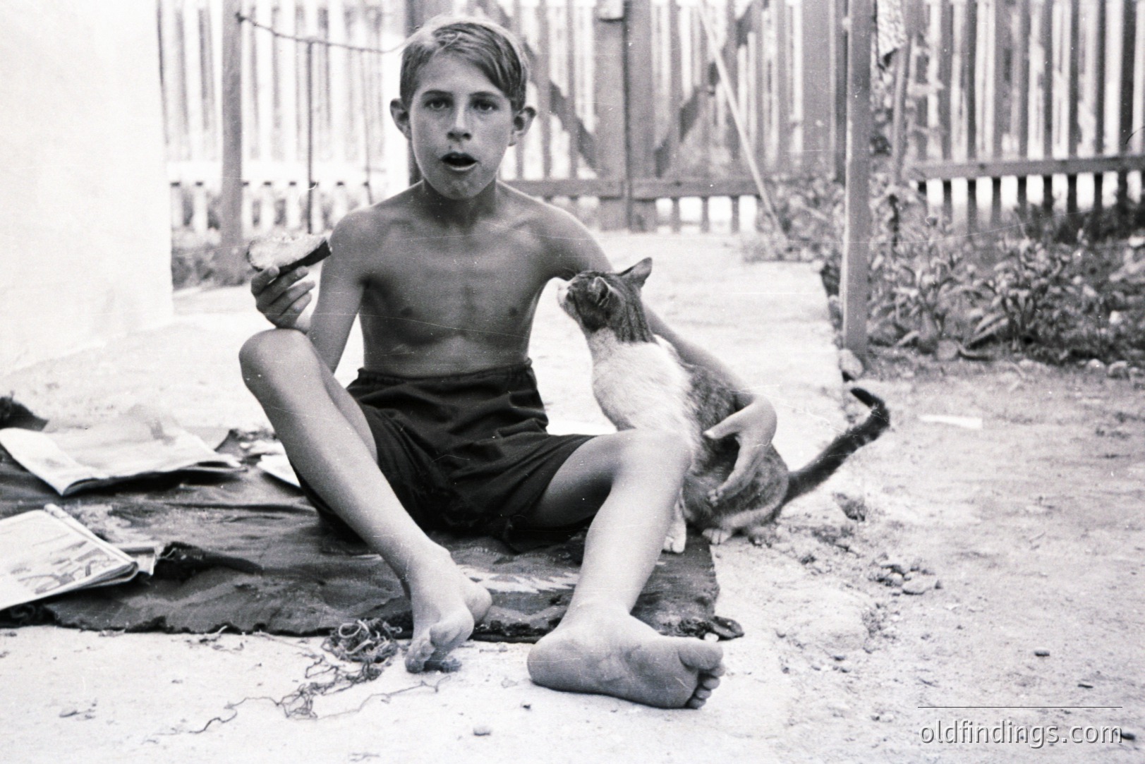 A barefoot boy, shirtless and wearing dark shorts, sits outdoors with a tabby cat perched on his lap. He holds a small object, perhaps food, near the cat’s mouth. The scene suggests a casual, domestic moment. Likely mid-20th century, possibly 1950s or 60s. The composition lends itself to documentary or lifestyle stock photography.
