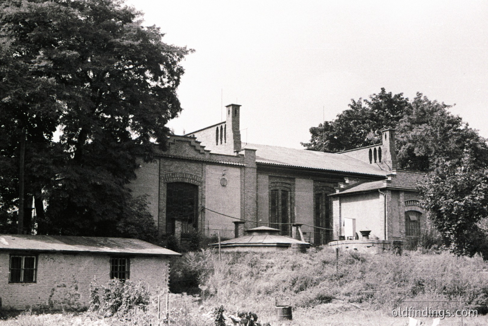 Dilapidated brick building with arched windows and chimney stacks, partially obscured by dense trees. Adjacent smaller structure with corrugated metal roof. Overgrown vegetation suggests abandonment. Likely early 20th century, possibly industrial or agricultural use. Evokes a sense of decay & forgotten history.