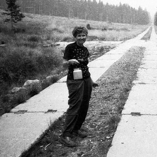 Child standing on concrete path in forested area.