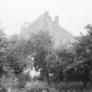 Vintage garden scene with person tending raised beds.