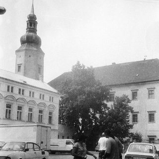 People standing near historic building with tower.