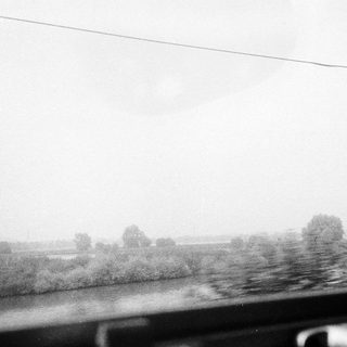 Blurry view of rain-soaked countryside from moving vehicle.