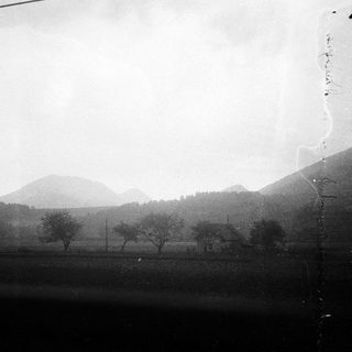 Rural landscape with distant mountains and sparse trees.