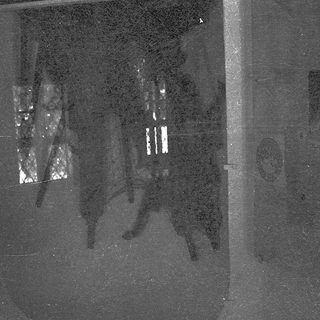 Shadows of people walking on wet pavement.