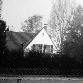 Suburban house with bare trees, overcast sky.