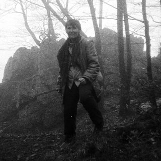 Person standing alone in misty forest.