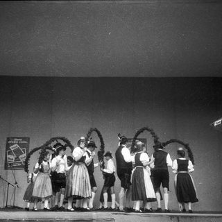 Traditional folk dancers in regional costumes performing on stage.