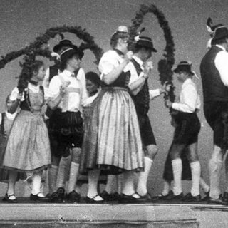 Traditional folk dancers in regional costumes performing on stage.