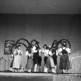 Traditional folk dancers in regional costumes performing on stage.