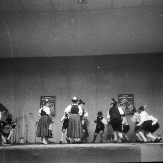 Traditional folk dancers and musicians performing on stage.
