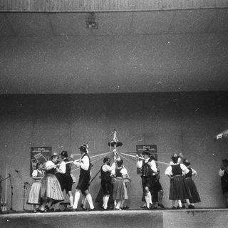 Traditional folk dancers performing on stage.
