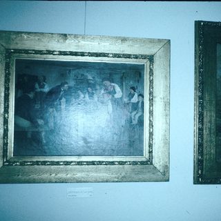 Two aged paintings depicting indoor scenes of people.