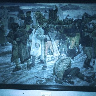 Historic winter scene of armed confrontation in snowy village.