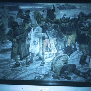 Historic winter scene of armed confrontation in snowy village.