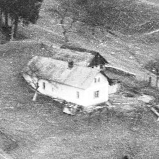 Rural house surrounded by open fields and forest.