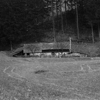 Rural building surrounded by forested hillside.