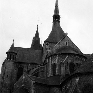 Aerial view of medieval cathedral spires.