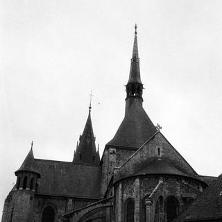Aerial view of medieval cathedral spires.